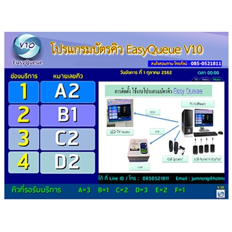 EasyQueue V10 (โปรแกรมระบบบัตรคิว แสดงข้อมูล รูปภาพ เสียง วิดีโอได้ ปรับแต่งง่าย) : License per PC (Perpetual License)